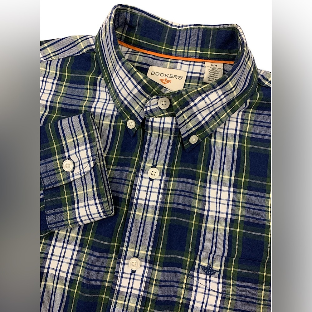 Dockers Mens Long Sleeve Button Down Plaid Shirt Size Medium Blue White Green